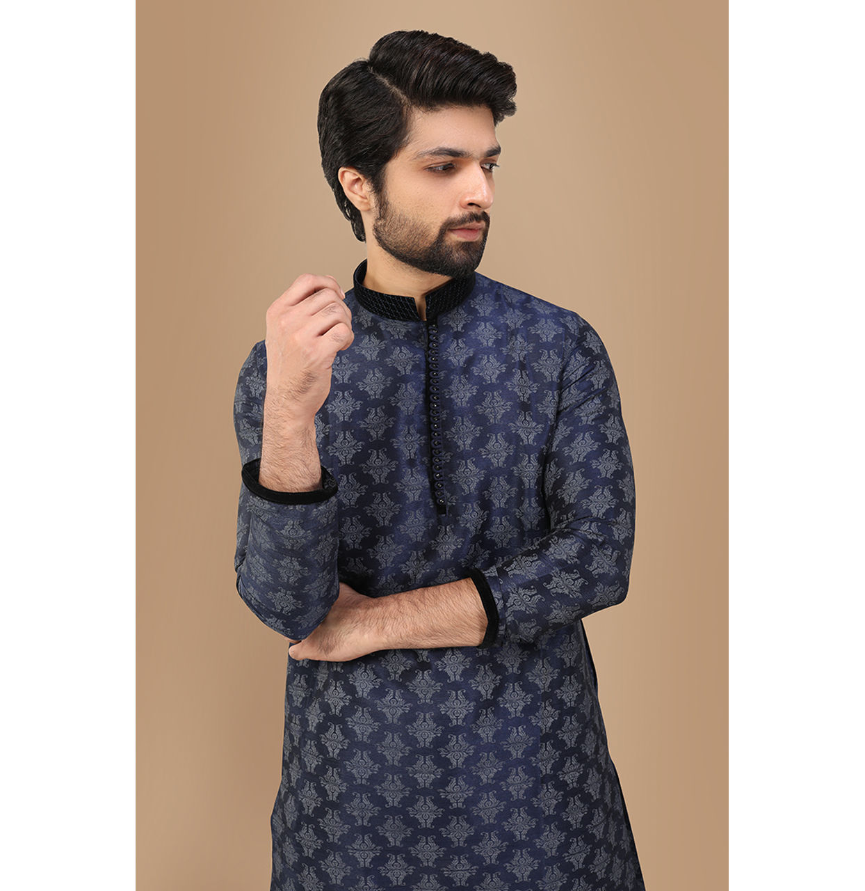Buy Dark Blue Kurta Set With Black Collar And Cuff Online in India
